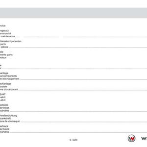 May include: A page from a manual with the title "Contents" in English, German, and French. The table of contents lists various engine components, including service kits, wear parts, and fuel systems. The Weidemann logo is in the bottom right corner.
