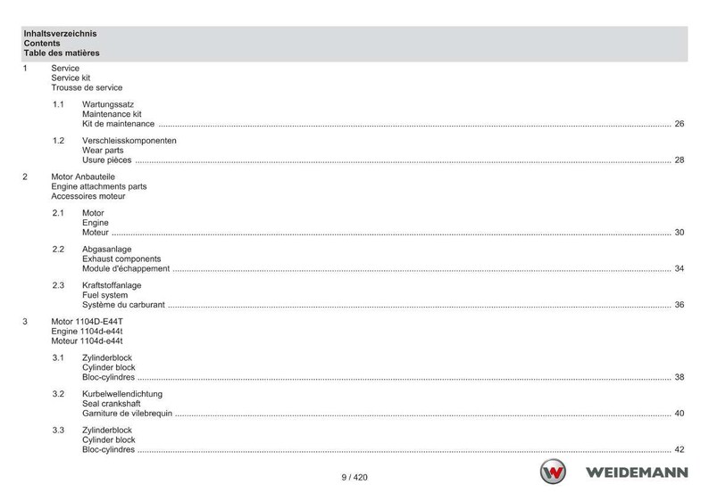 May include: A page from a manual with the title "Contents" in English, German, and French. The table of contents lists various engine components, including service kits, wear parts, and fuel systems. The Weidemann logo is in the bottom right corner.