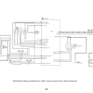 May include: A detailed electrical schematic diagram for the Electronic Hitch Control system in 6100 to 6135 series tractors. The diagram is in black and white, with lines and symbols representing various components and connections. Text at the bottom reads: APYS1028-UN: 6100 up to 6135 Tractors - MHPC - Electronic Hitch Control - Electrical Schematic.