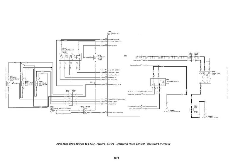 May include: A detailed electrical schematic diagram for the Electronic Hitch Control system in 6100 to 6135 series tractors. The diagram is in black and white, with lines and symbols representing various components and connections. Text at the bottom reads: APYS1028-UN: 6100 up to 6135 Tractors - MHPC - Electronic Hitch Control - Electrical Schematic.