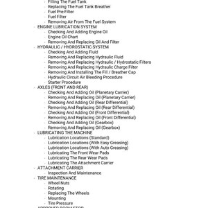 May include: A detailed list of maintenance procedures, including fuel system checks, engine lubrication, and hydraulic system maintenance. The text also covers axle maintenance, tire care, and engine cover procedures. The document is in black text on a white background.