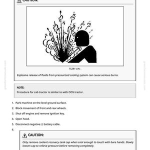 May include: Diagram from a manual showing a warning about the explosive release of fluids from a pressurized cooling system. The image includes a silhouette of a person and text that reads "CAUTION:" and "Explosive release of fluids...can cause serious burns."