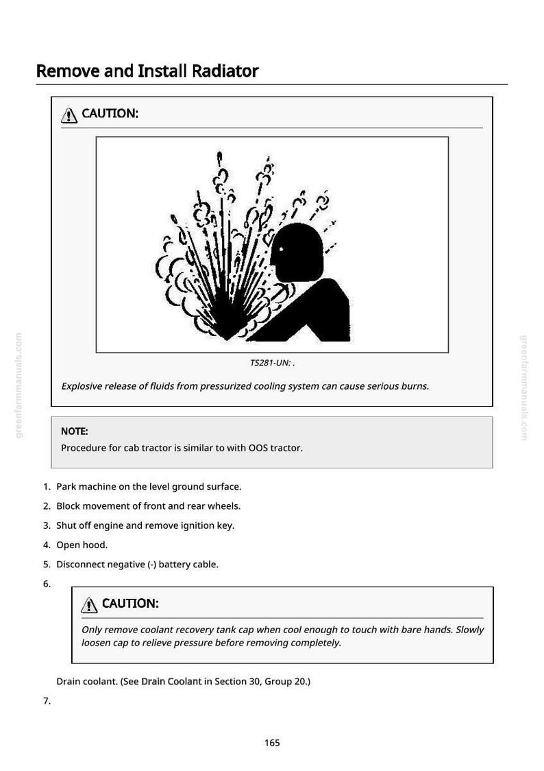 May include: Diagram from a manual showing a warning about the explosive release of fluids from a pressurized cooling system. The image includes a silhouette of a person and text that reads "CAUTION:" and "Explosive release of fluids...can cause serious burns."