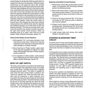 May include: A page from an electrical system components manual, featuring diagrams and text about hoist control circuits, body-up limit switches, and steering bleeddown timers. The document includes troubleshooting steps and circuit diagrams.