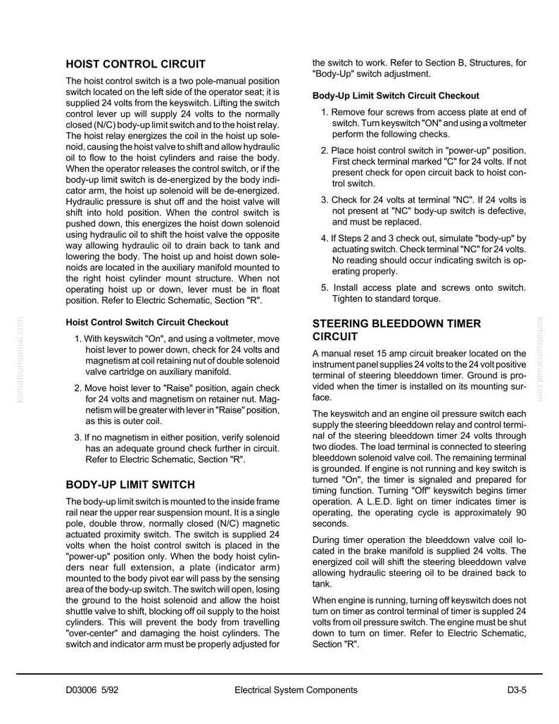 May include: A page from an electrical system components manual, featuring diagrams and text about hoist control circuits, body-up limit switches, and steering bleeddown timers. The document includes troubleshooting steps and circuit diagrams.