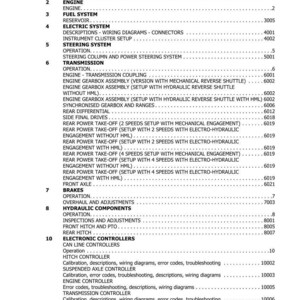 Puede incluir: Un detallado &iacute;ndice de un manual, que enumera secciones sobre motor, transmisi&oacute;n, frenos y controladores electr&oacute;nicos. El texto es negro sobre fondo blanco, con n&uacute;meros de secci&oacute;n y referencias de p&aacute;gina.