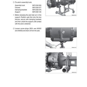 May include: Diagram of an axle disassembly process, with detailed illustrations and text instructions. The image includes parts like assembly truck, fixtures, clamping brackets, and support, with part numbers listed. The page is from a technical manual.
