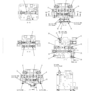 May include: Detailed diagram of a control valve assembly, featuring cross-sectional views and measurements in Nm and Bkam. The image is labeled with numbers and includes sections E-E, F-F, G-G, H-H, J-J, and K-K. Text includes "STRUCTURE, FUNCTION AND MAINTENANCE STANDARD".