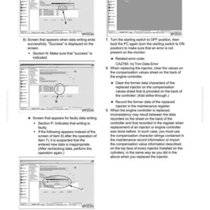 Pode incluir: Uma p&aacute;gina de manual com diagramas e texto relacionados com o teste e ajuste do motor. Os diagramas mostram ecr&atilde;s de computador com v&aacute;rias exibi&ccedil;&otilde;es de dados. O texto inclui instru&ccedil;&otilde;es e c&oacute;digos de erro, como "CA2765: Inj Trim Data Error".