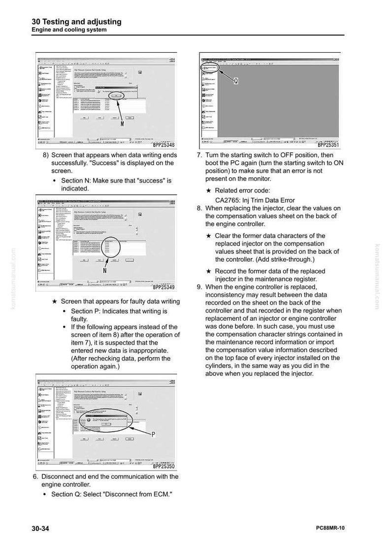 Pode incluir: Uma p&aacute;gina de manual com diagramas e texto relacionados com o teste e ajuste do motor. Os diagramas mostram ecr&atilde;s de computador com v&aacute;rias exibi&ccedil;&otilde;es de dados. O texto inclui instru&ccedil;&otilde;es e c&oacute;digos de erro, como "CA2765: Inj Trim Data Error".