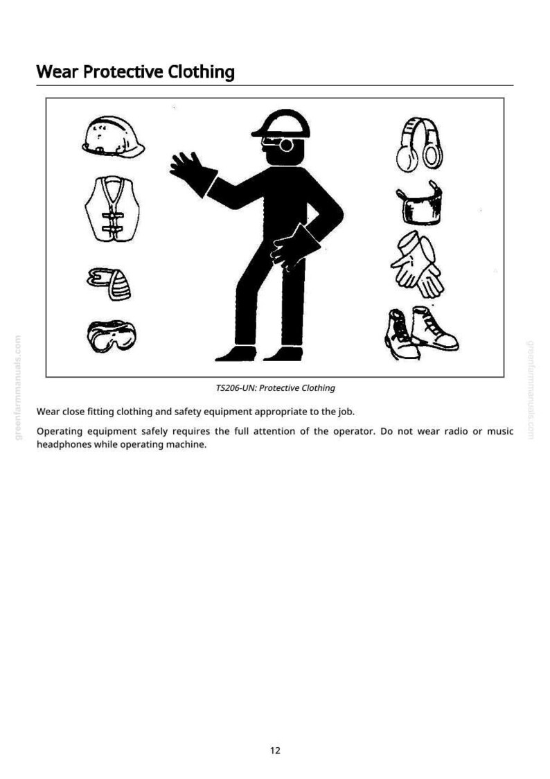 May include: Black and white illustration of required protective clothing. Includes a hard hat, vest, eye protection, ear protection, gloves, and work boots. The image also shows a silhouetted figure wearing the safety gear.