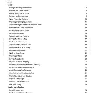 May include: A white page titled "Table of Contents" with a list of safety topics. The topics include "Recognize Safety Information", "Wear Protective Clothing", and "Handle Fluids Safely-Avoid Fires". The page has a greenfarmmanuals.com watermark.