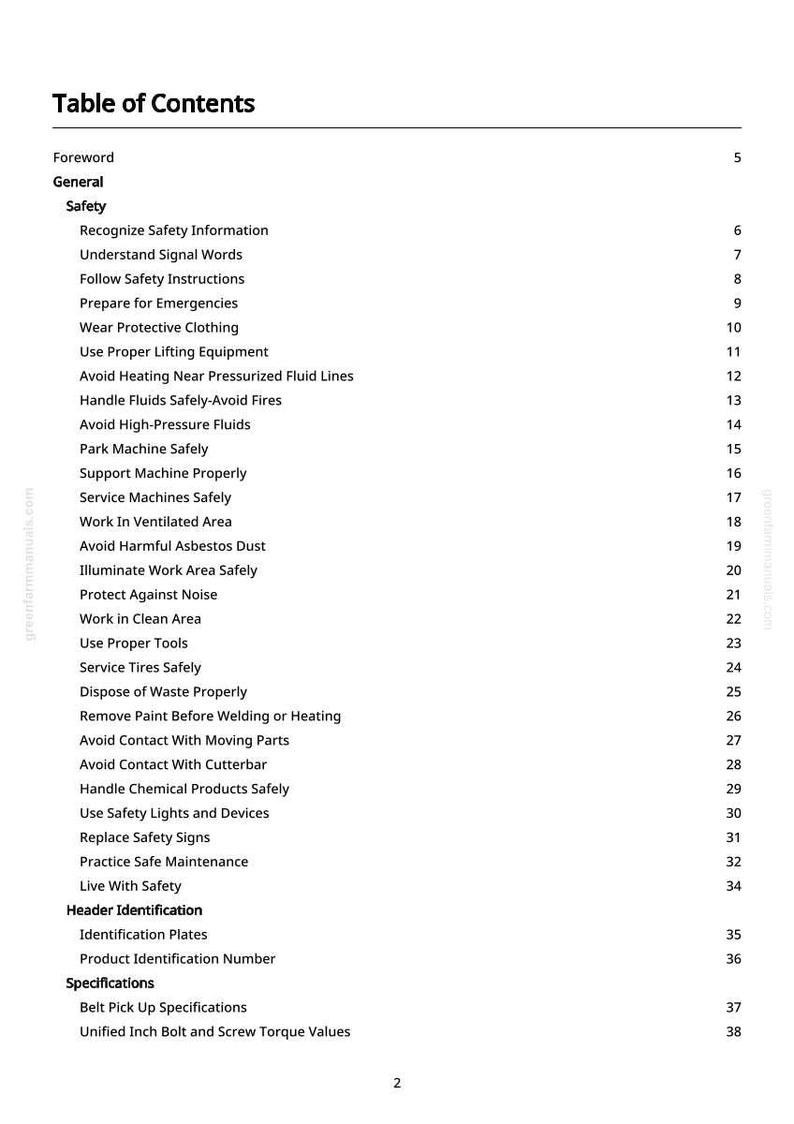 May include: A white page titled "Table of Contents" with a list of safety topics. The topics include "Recognize Safety Information", "Wear Protective Clothing", and "Handle Fluids Safely-Avoid Fires". The page has a greenfarmmanuals.com watermark.