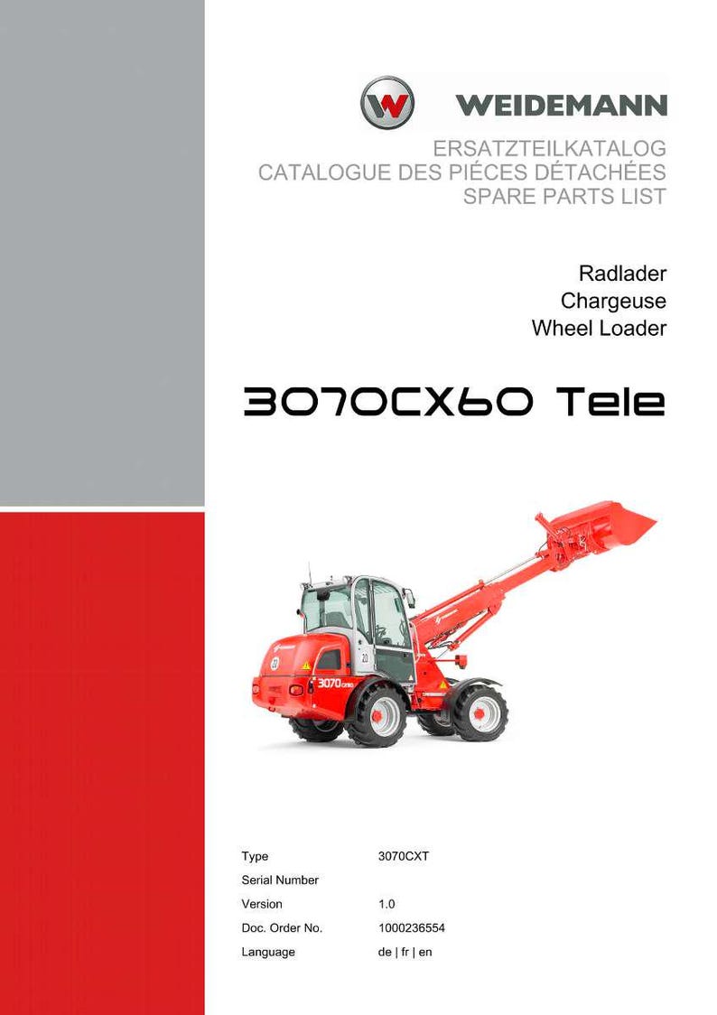 Pu&ograve; includere: Un caricatore gommato rosso e grigio, modello 3070CX60 Tele, &egrave; raffigurato su sfondo bianco. L'immagine include il logo Weidemann e testo in inglese, francese e tedesco, indicando un elenco di ricambi.