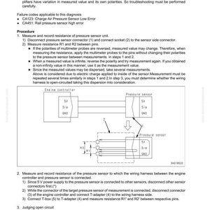 May include: Technical diagram illustrating the procedure for troubleshooting a pressure sensor wiring harness in an open circuit. Includes diagrams of the engine controller and pressure sensor, with instructions for measuring resistance and identifying faults. Text includes failure codes and troubleshooting steps.