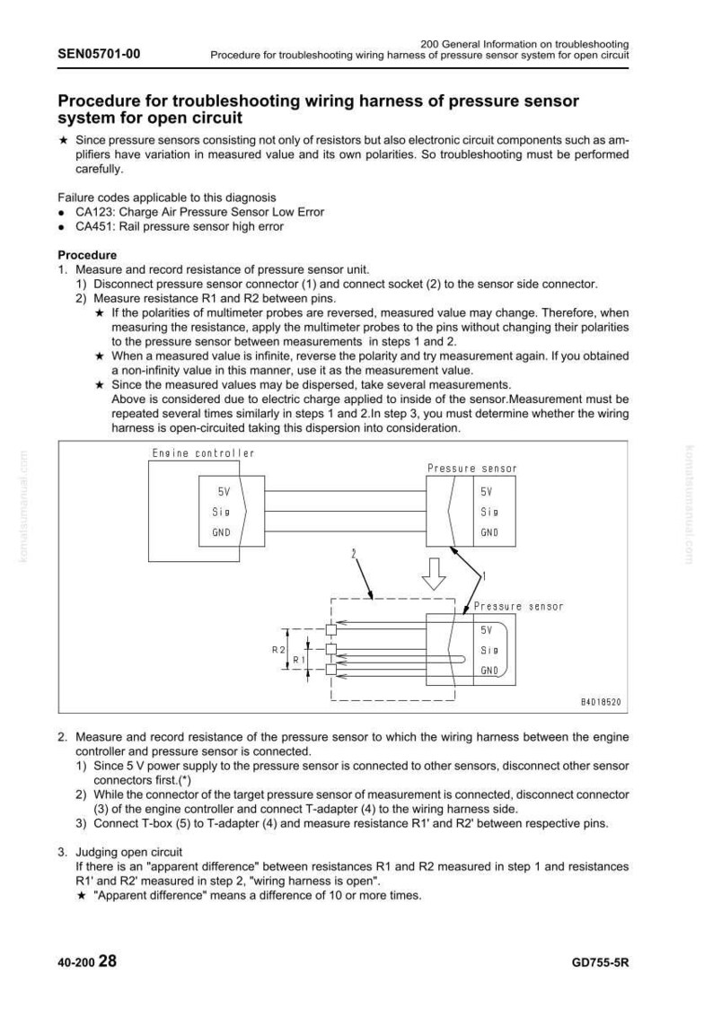 May include: Technical diagram illustrating the procedure for troubleshooting a pressure sensor wiring harness in an open circuit. Includes diagrams of the engine controller and pressure sensor, with instructions for measuring resistance and identifying faults. Text includes failure codes and troubleshooting steps.