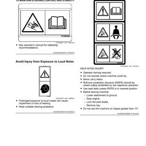 Pu&ograve; includere: Una pagina di etichette di sicurezza con pittogrammi in bianco e nero. Le etichette mettono in guardia da pericoli come rumore forte e ribaltamento. Il testo include "Mantenere il controllo e la stabilit&agrave; dello sterzo" e "Aiutare a evitare lesioni."