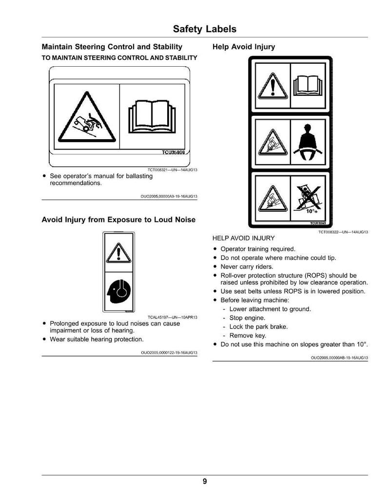 Pu&ograve; includere: Una pagina di etichette di sicurezza con pittogrammi in bianco e nero. Le etichette mettono in guardia da pericoli come rumore forte e ribaltamento. Il testo include "Mantenere il controllo e la stabilit&agrave; dello sterzo" e "Aiutare a evitare lesioni."