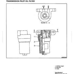 May include: Detailed technical diagram of a transmission pilot oil filter, showing cross-sections and labeled components. Includes "OUT" and "IN" indicators. The diagram specifies a filtration area of 370 cm&sup2;. The diagram is labeled "Transmission Pilot Oil Filter".