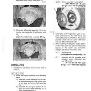 May include: Diagram of rear differential assembly removal and installation. Includes images of the assembly, bolts, and instructions. Text includes torque values in Newton meters and kilograms, and the weight of the assembly is 200 kg.