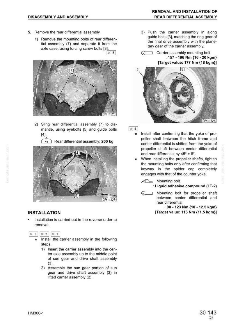 May include: Diagram of rear differential assembly removal and installation. Includes images of the assembly, bolts, and instructions. Text includes torque values in Newton meters and kilograms, and the weight of the assembly is 200 kg.