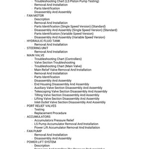 May include: A detailed list of service and maintenance procedures for various vehicle components, including brake valves, pumps, and hydraulic systems. The text is in black font on a white background.