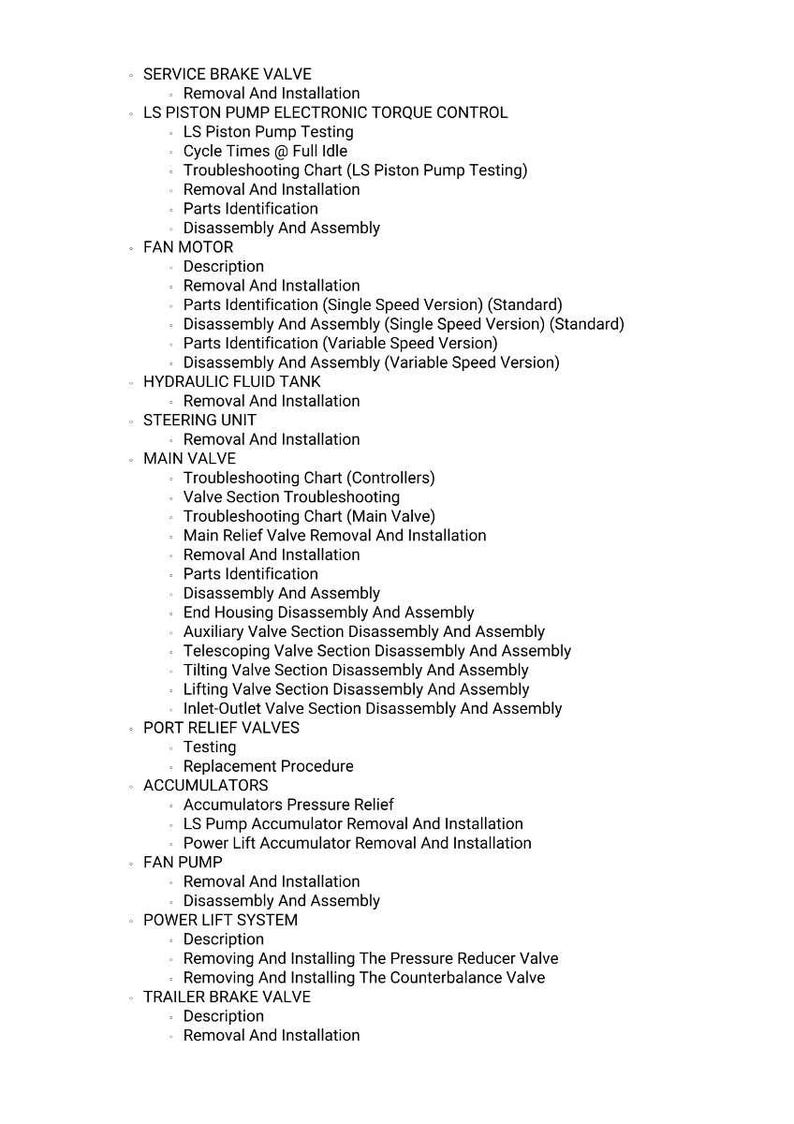 May include: A detailed list of service and maintenance procedures for various vehicle components, including brake valves, pumps, and hydraulic systems. The text is in black font on a white background.