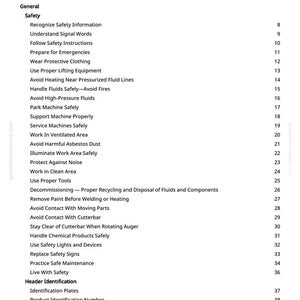 May include: A white page titled "Table of Contents" with a list of safety-related topics. The list includes topics like "Wear Protective Clothing", "Avoid High-Pressure Fluids", and "Practice Safe Maintenance". The page is from a manual.