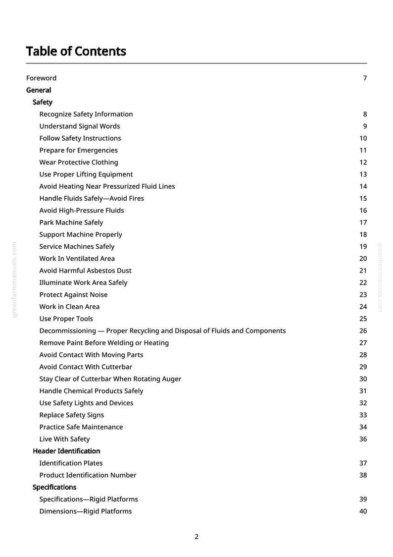 May include: A white page titled "Table of Contents" with a list of safety-related topics. The list includes topics like "Wear Protective Clothing", "Avoid High-Pressure Fluids", and "Practice Safe Maintenance". The page is from a manual.