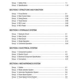 K&ouml;nnte beinhalten: Eine Seite aus einem Handbuch mit der &Uuml;berschrift "INHALT" oben. Das Dokument ist in Abschnitte unterteilt, darunter "ALLGEMEINES", "STRUKTUR UND FUNKTION", "HYDRAULIKSYSTEM", "ELEKTRISCHES SYSTEM" und "MECHATRONISCHES SYSTEM".