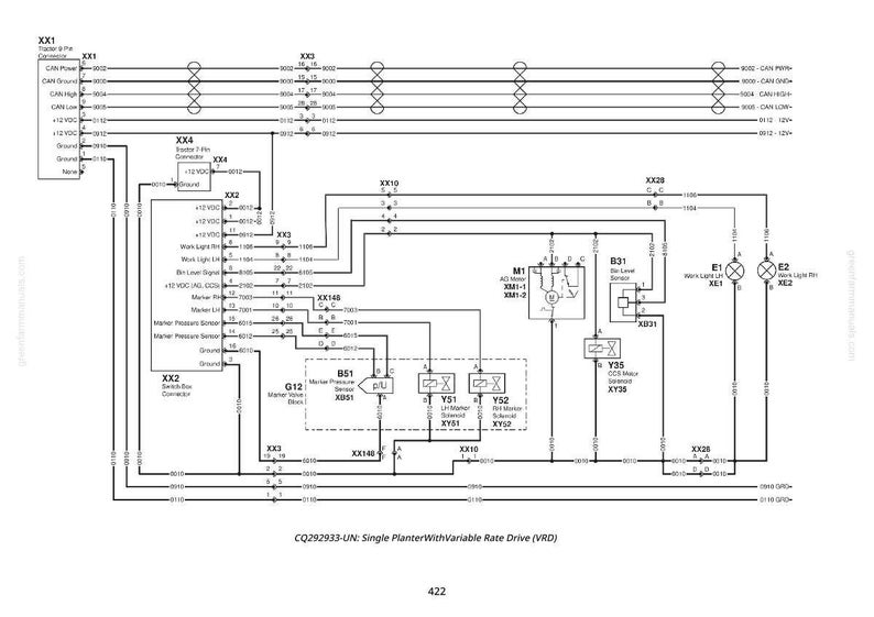 May include: A detailed electrical schematic diagram with numerous lines, symbols, and labels. The diagram includes text such as "Single Planter With Variable Rate Drive (VRD)" and "422". The image is in black and white.