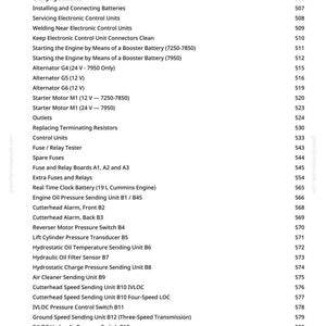 May include: A detailed list of automotive service and component names, including "Battery Service," "Alternator G4," and "Engine Oil Pressure Sending Unit B1/B45." The text is in black font on a white background.