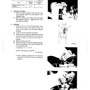May include: A technical diagram with the title "ADJUSTING BOOM KICK-OUT" and instructions for adjusting a machine component. The diagram includes illustrations, measurements in millimeters, and a list of numbered steps for the adjustment process.