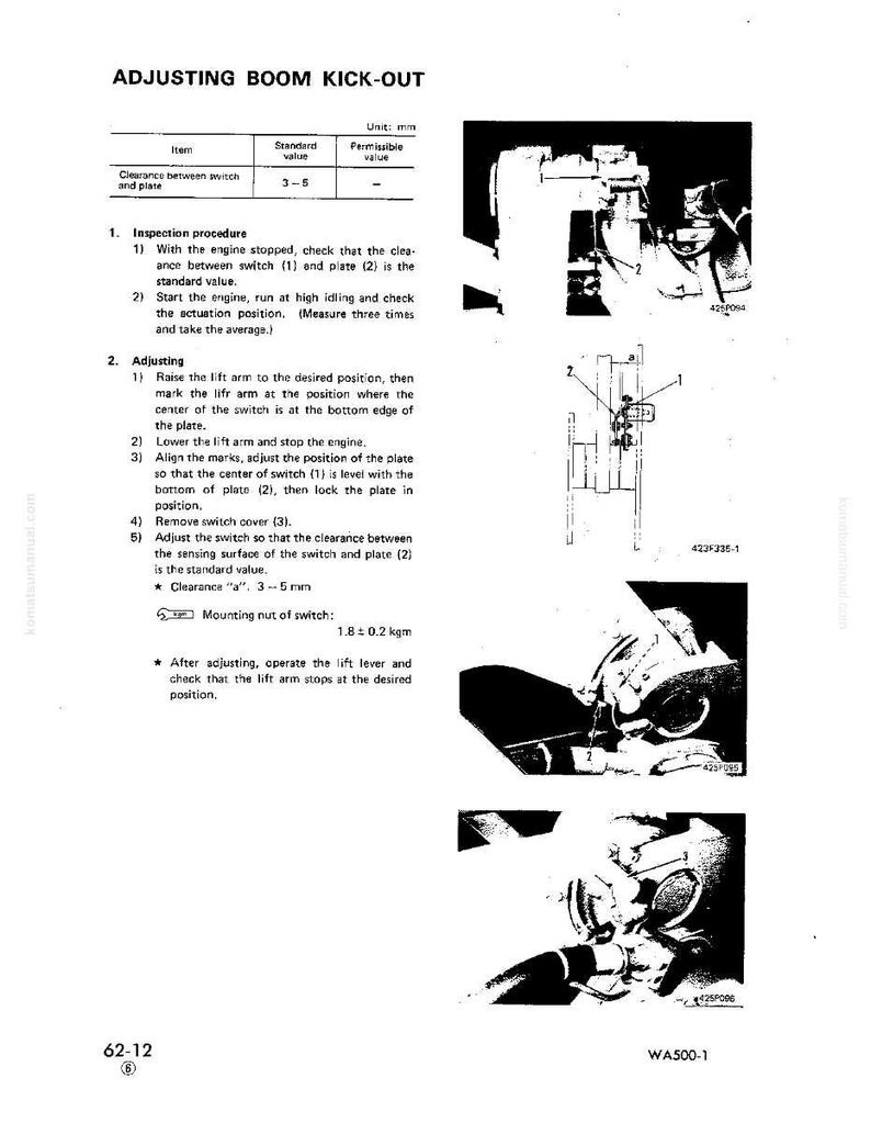 May include: A technical diagram with the title "ADJUSTING BOOM KICK-OUT" and instructions for adjusting a machine component. The diagram includes illustrations, measurements in millimeters, and a list of numbered steps for the adjustment process.