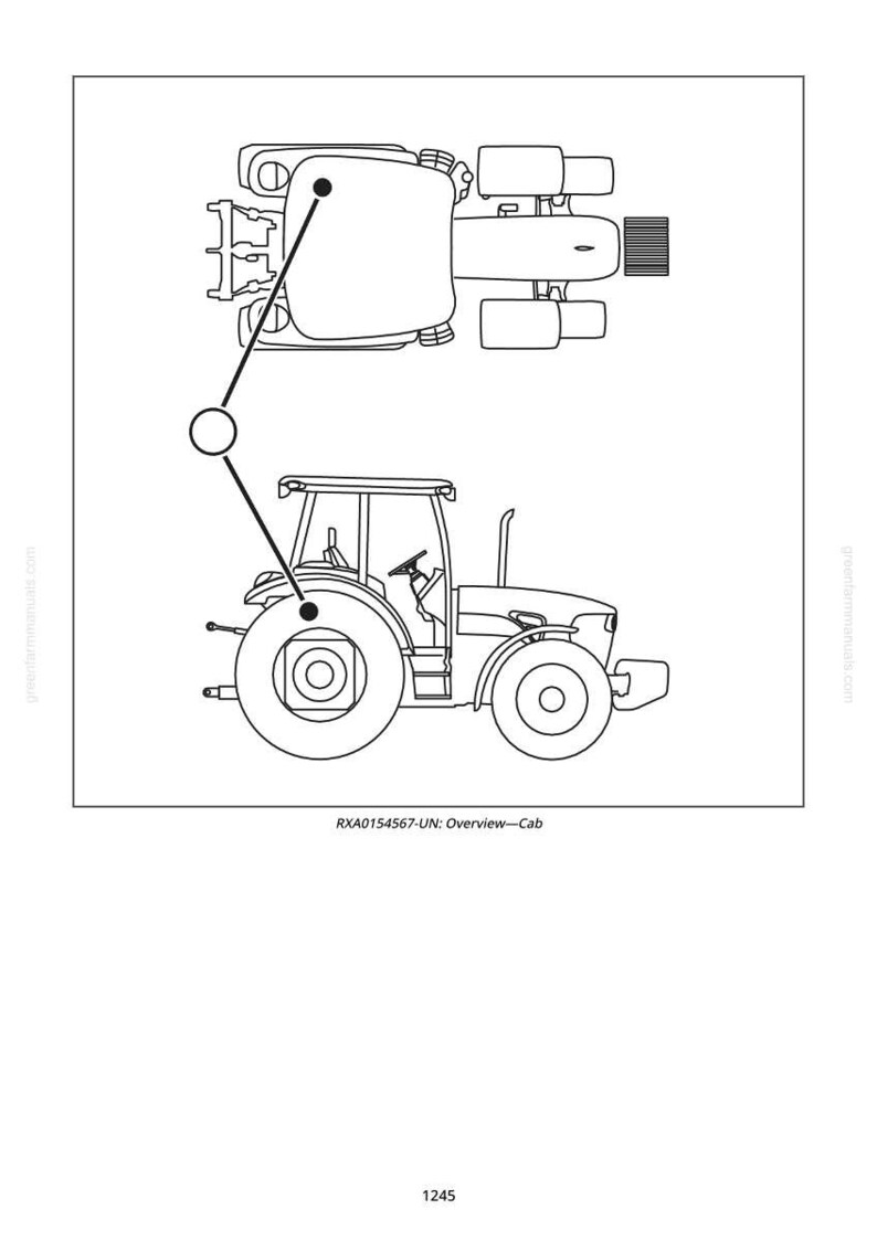 Peut inclure: Dessin au trait noir et blanc d'un tracteur, avec une vue de dessus de la cabine et une vue lat&eacute;rale du v&eacute;hicule. L'image comprend le texte "RXA0154567-UN: Overview&mdash;Cab".