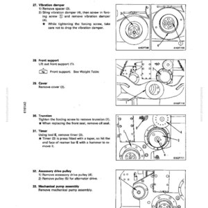 May include: A detailed technical diagram with multiple sections labeled for mechanical components. The diagram includes illustrations of parts like vibration dampers, front supports, covers, trunnions, timers, and pulleys. Text descriptions accompany each part, providing instructions for removal and assembly.