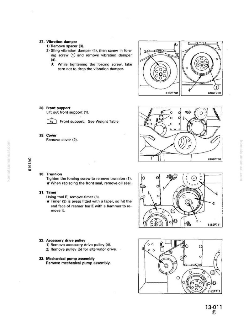 May include: A detailed technical diagram with multiple sections labeled for mechanical components. The diagram includes illustrations of parts like vibration dampers, front supports, covers, trunnions, timers, and pulleys. Text descriptions accompany each part, providing instructions for removal and assembly.