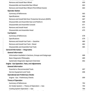 May include: A manual page featuring a table of contents. Sections include Wheels, Operator Station, Fuel System, and Engine Operation. The text is black on a white background.