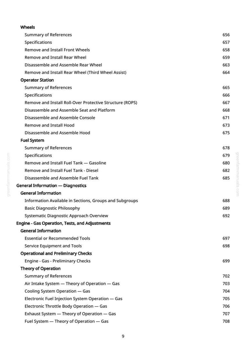 May include: A manual page featuring a table of contents. Sections include Wheels, Operator Station, Fuel System, and Engine Operation. The text is black on a white background.