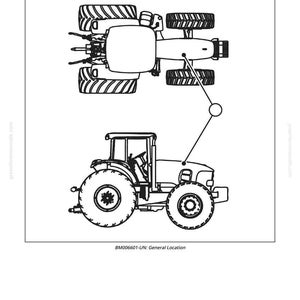 May include: Black and white diagram of a tractor, with an overhead view of the tractor's top and a side view below. The diagram includes the text "X859 - Power Link Box (PLB) Connector" and "BM006601-UN: General Location".