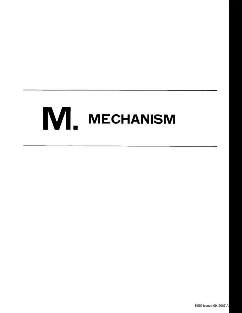 May include: A white document with the word "MECHANISM" in bold, black text. The letter "M" is also in bold, black text. Horizontal lines are above and below the word. A black vertical stripe is on the right side.