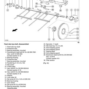 May include: Detailed diagram of a feed rake conveyor, disassembled. Includes labeled parts like bearing assemblies, protective tubes, bolts, and a V-belt pulley. The diagram is for the CLAAS LEXION 480.
