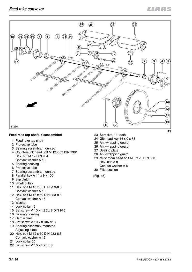 May include: Detailed diagram of a feed rake conveyor, disassembled. Includes labeled parts like bearing assemblies, protective tubes, bolts, and a V-belt pulley. The diagram is for the CLAAS LEXION 480.