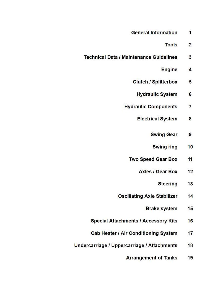 May include: A white page with a black text table of contents. The table lists various mechanical systems and components, including the engine, hydraulic system, and brake system. Numbers are listed next to each item.
