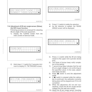 May include: A technical diagram with instructions for adjusting a lift arm angle sensor. The image shows several control panel displays with text and symbols, including "RAISE ANGLE" and "TUNING". The document is labeled SEN02930-04 and WA500-6R.