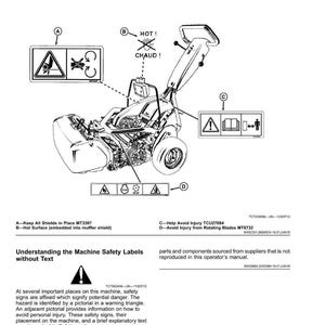 May include: Technical diagram showing a machine with safety labels. The labels feature warning symbols and text highlighting potential dangers such as hot surfaces and rotating blades. The illustration is a detailed schematic.