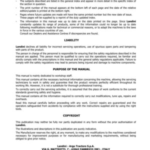 Op de afbeelding: Een pagina uit een Landini-tractormanual, met de inleiding, aansprakelijkheid en het doel van de handleiding. De tekst is zwart op een witte achtergrond. De copyrightinformatie van de handleiding en het adres van de fabrikant zijn ook opgenomen.
