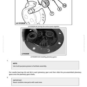 May include: Diagram of mechanical parts, including gears, washers, and a housing, with labels and the text "LX1032828-UN: Joining the various parts together." and "LX1032829-UN: Installing planetary gears."