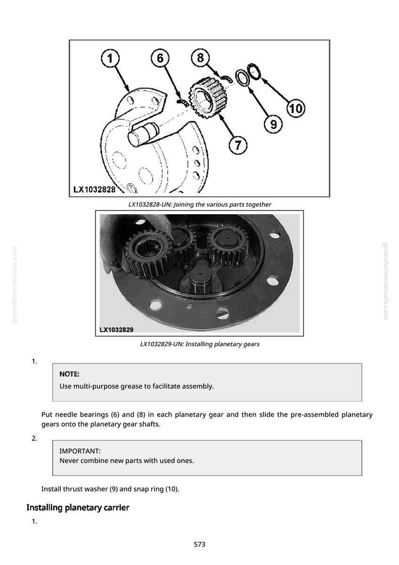 May include: Diagram of mechanical parts, including gears, washers, and a housing, with labels and the text "LX1032828-UN: Joining the various parts together." and "LX1032829-UN: Installing planetary gears."