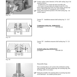 K&ouml;nnte beinhalten: Eine Werkstatthandbuchseite mit Diagrammen und Anweisungen f&uuml;r den Einbau eines Wellendichtrings. Das Handbuch enth&auml;lt technische Zeichnungen, Ma&szlig;e in mm und Text in englischer Sprache. Das ZF Service Logo ist sichtbar.